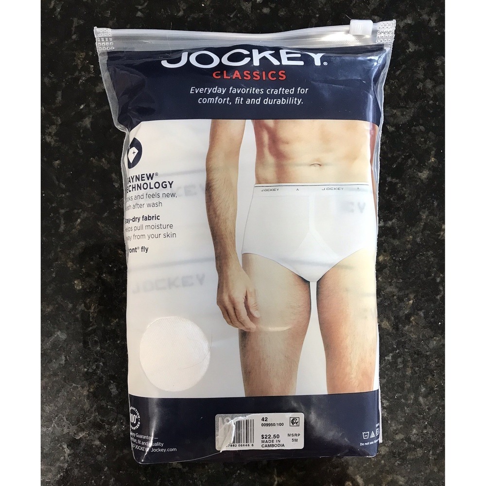 NEW 3 Pair Jockey Men's Classic Full Rise Briefs Underwear Size 42 White Cotton